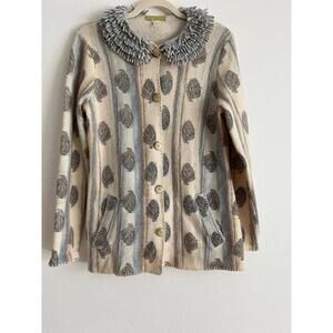 Sigrid Olsen womens  cardigan sweater yarn fringe at collar/cuff S